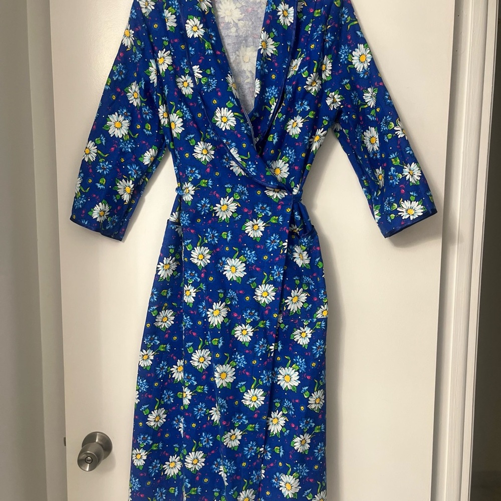 Blue and White Wrap Dress with Cuffed 3/4 Sleeves
